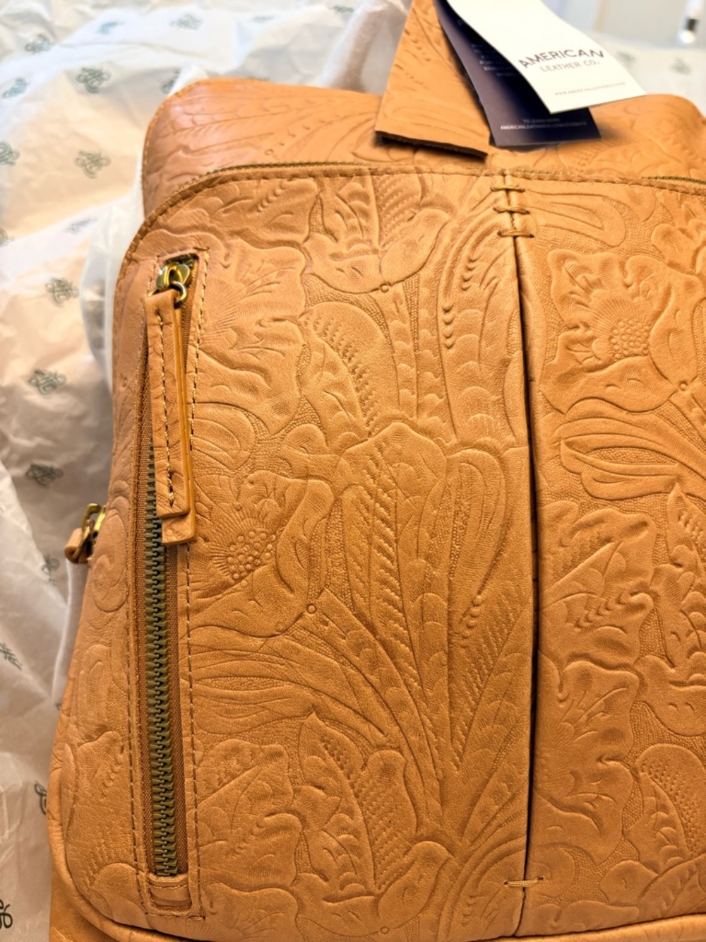 NWT Embossed Floral Leather Backpack - American Leather - Tan - Picture 8 of 11
